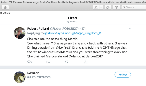 TS Thomas Schoenberger Beth Bogaerts Extortion Nox Marcus Box Oct 29 2019 Revision Sock Account