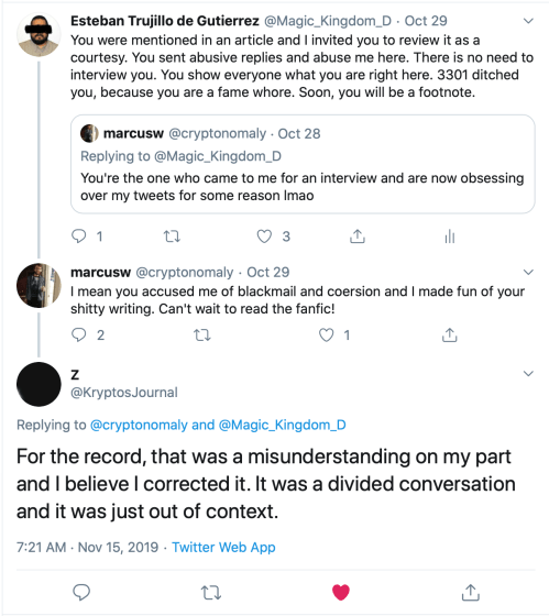 Z3301 Misunderstanding on my part, Tweet to Marcus Wanner and Me Nov 15 2019