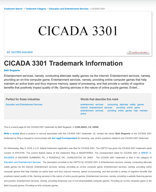Cicada 3301 Trademark Info Oct 26 2019 Beth Bogaerts Dated May 9 2018