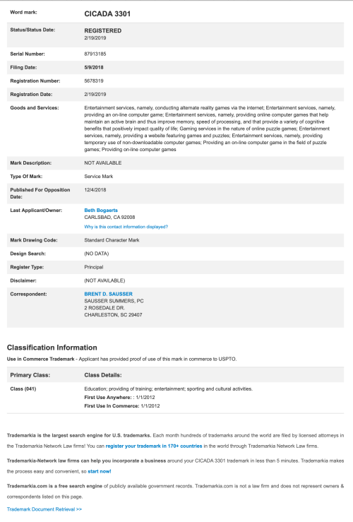 Cicada 3301 Trademark Registered Date Beth Bogaerts Carlsbad, CA