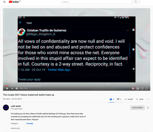 LARP Wars, The cicada 3301 history trademark battle heats up, YouTube, October 29 2019