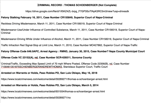 Thomas Schoenberger Criminal Record (Incomplete)